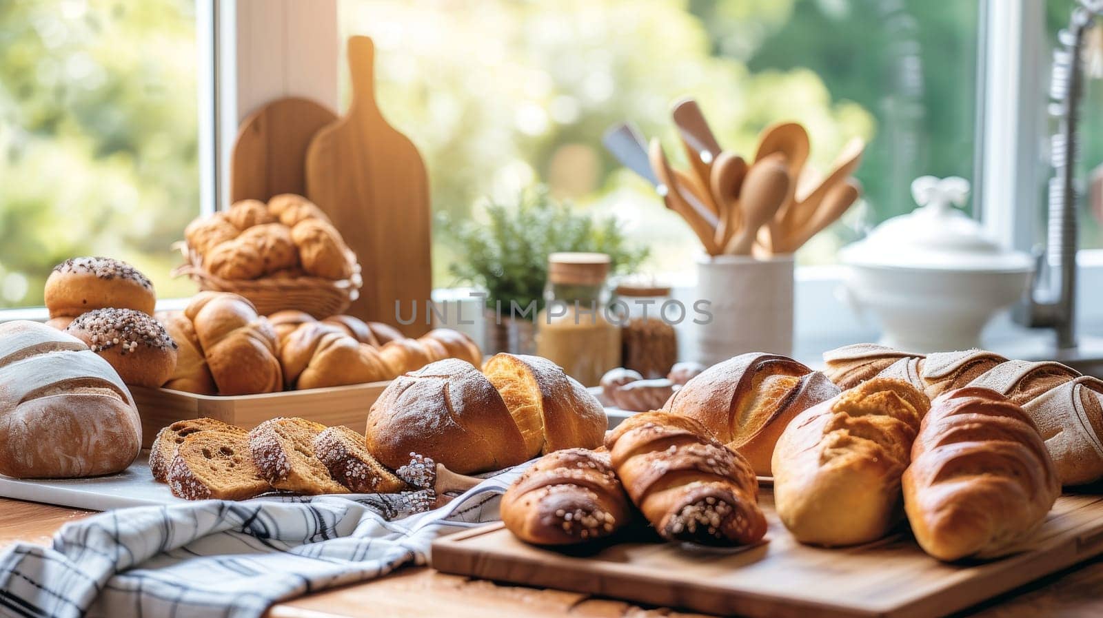 A rustic display of various freshly baked artisanal bread in a bakery