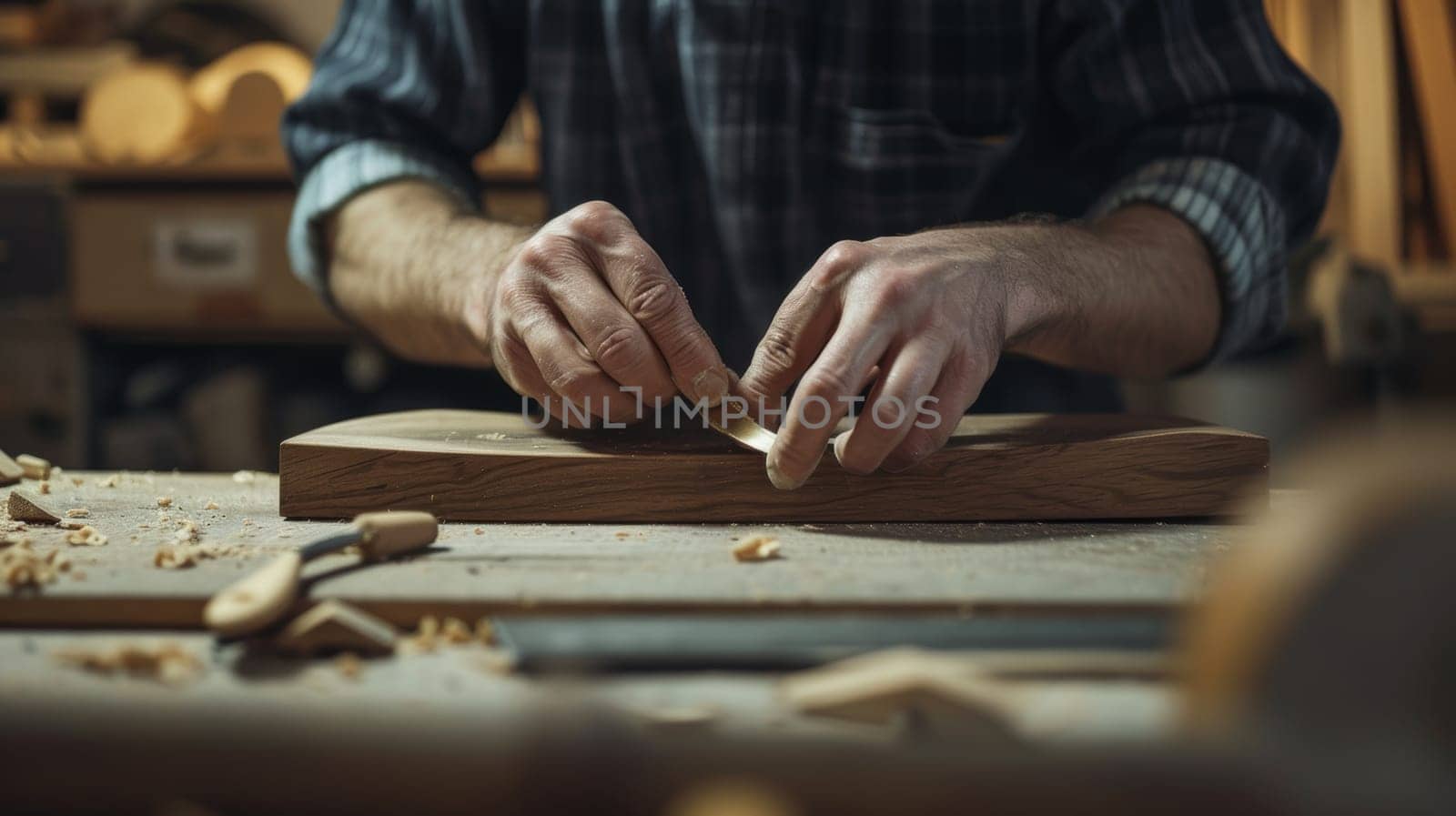 Craftsman hands carving wood with precision in a dusty workshop