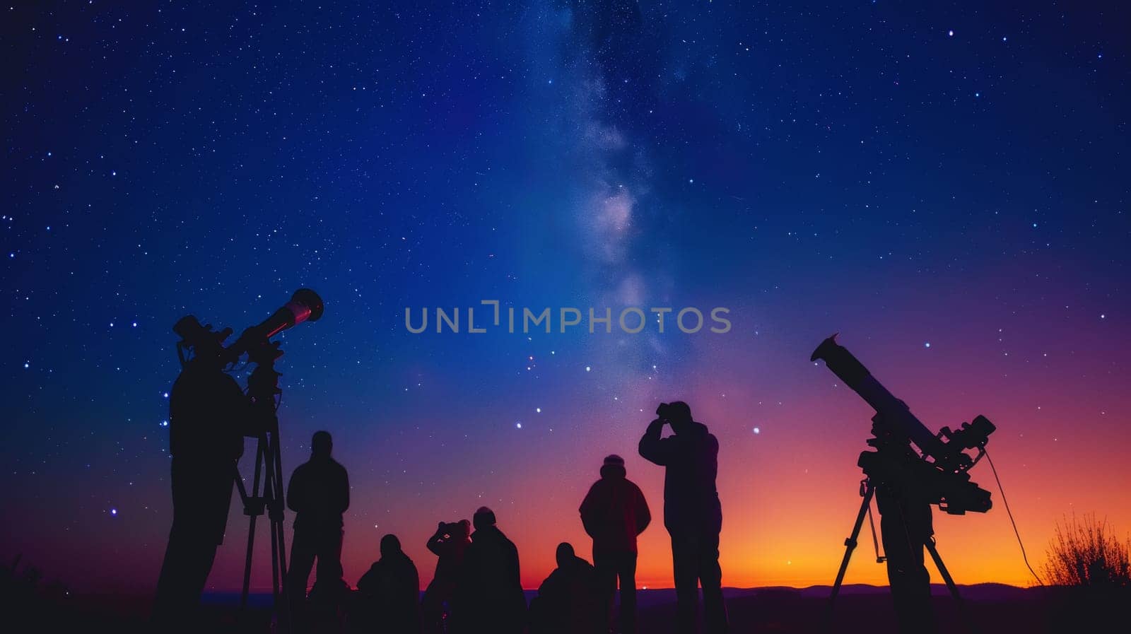 Group of people stargazing in a field using telescopes under a starry night sky