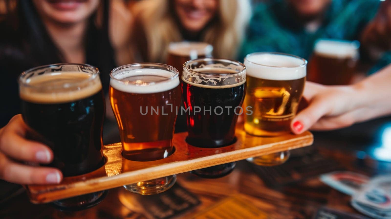Group of friends enjoying a variety of craft beers at a local pub