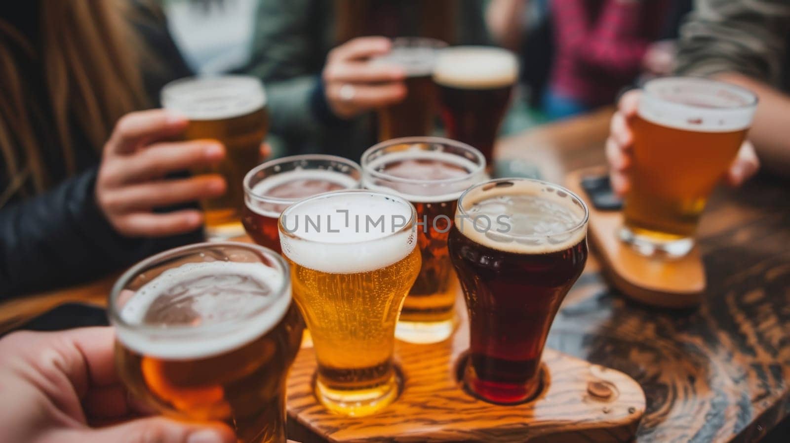Group of friends enjoying a variety of craft beers at a local pub
