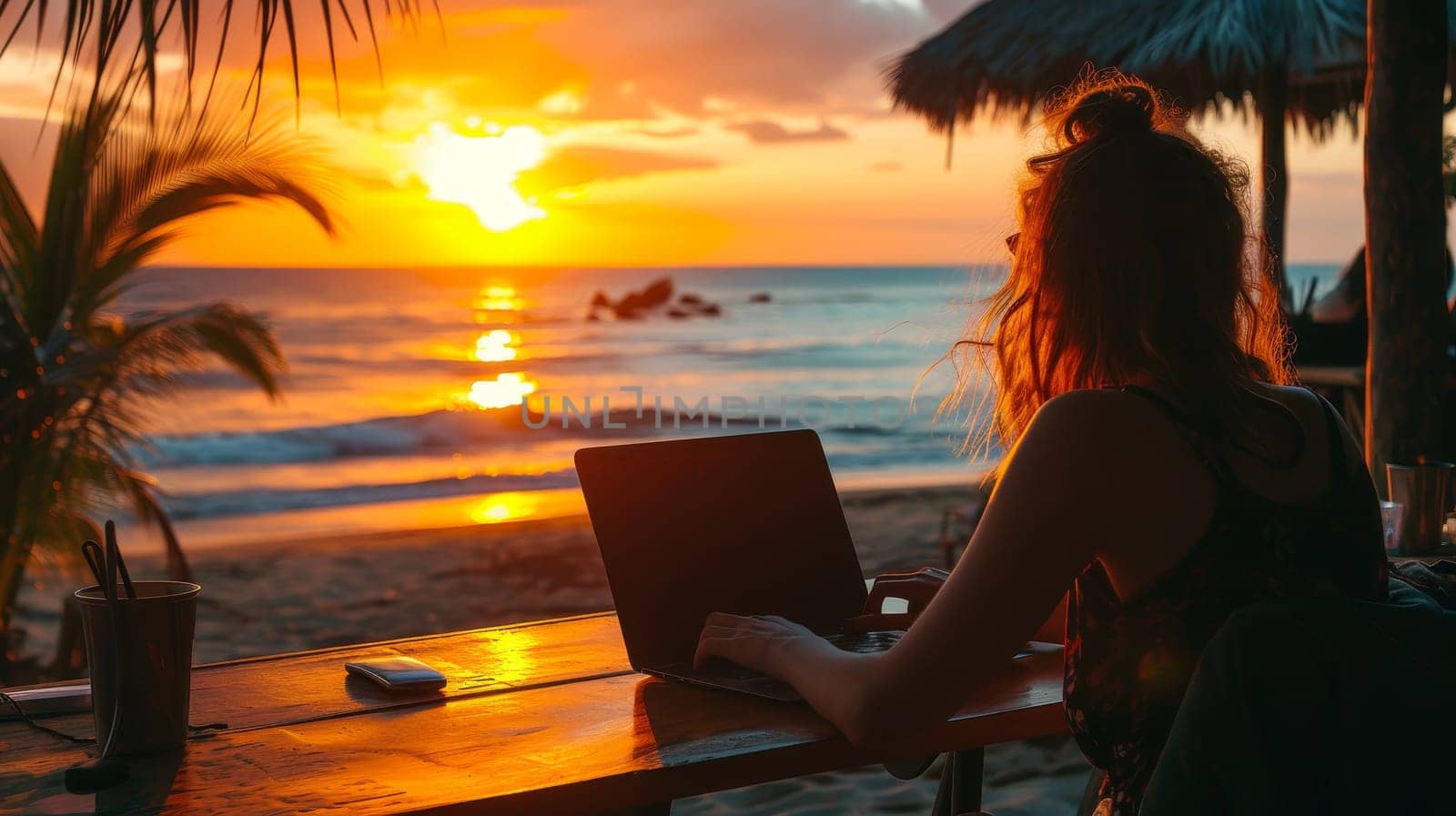 Woman working remotely on her laptop at a beach bar during a stunning sunset