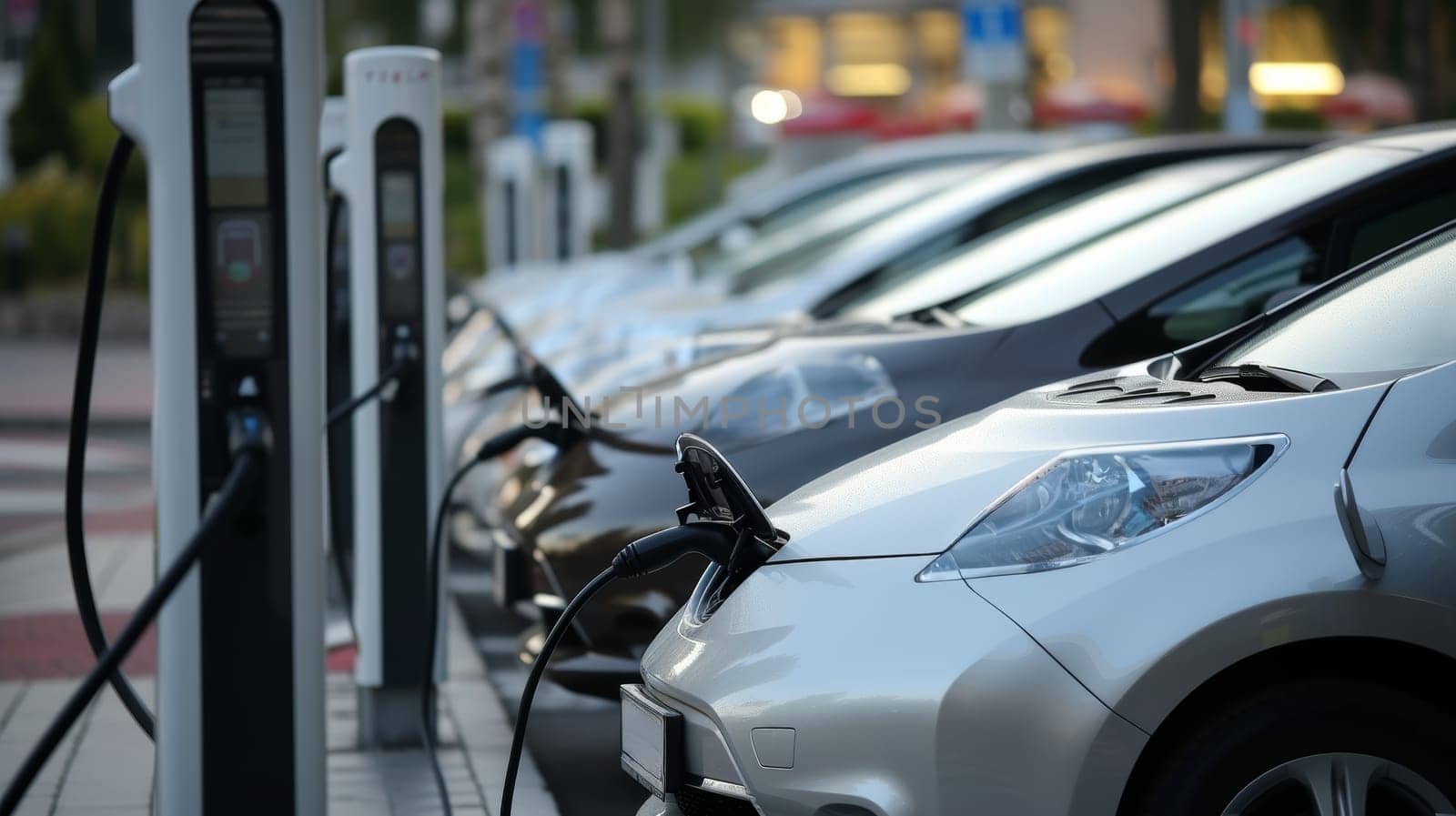 Line of electric cars plugged into a public charging station at dusk