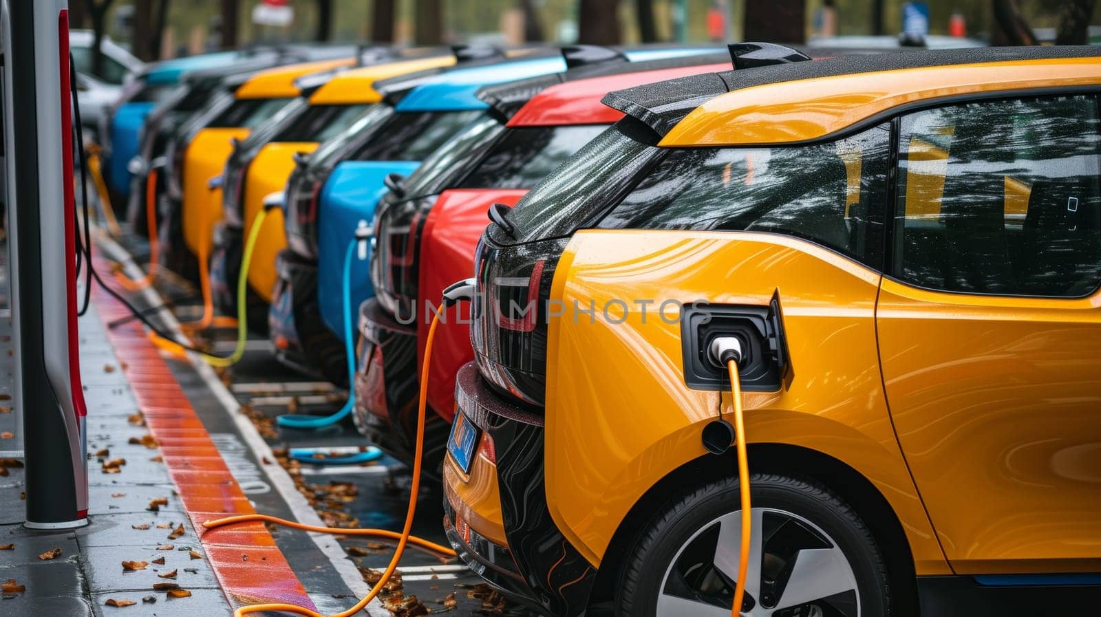 Line of electric cars plugged into a public charging station at dusk