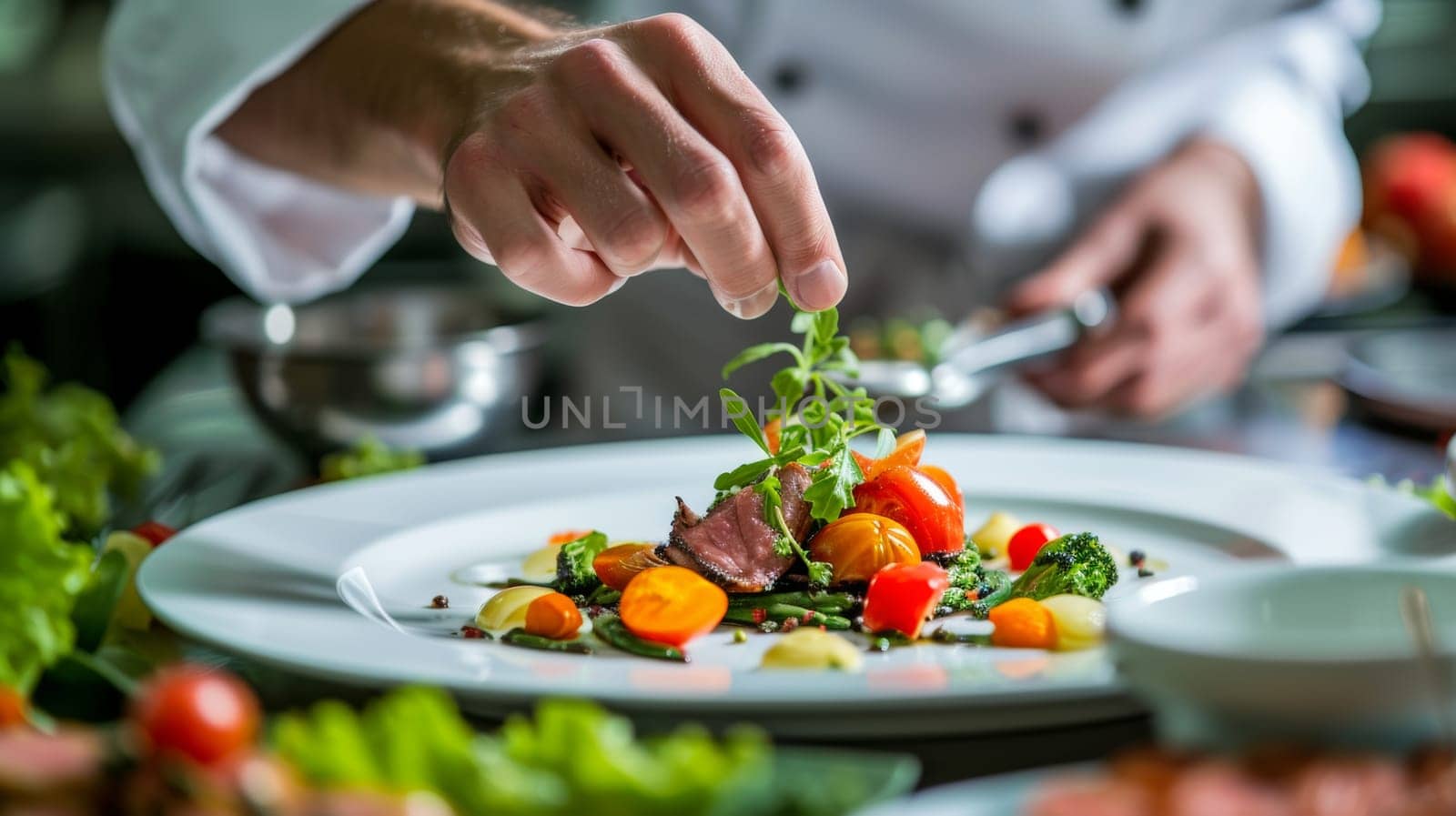 Close-up of a chef's hands carefully adding greens to a vibrant gourmet salad on a plate