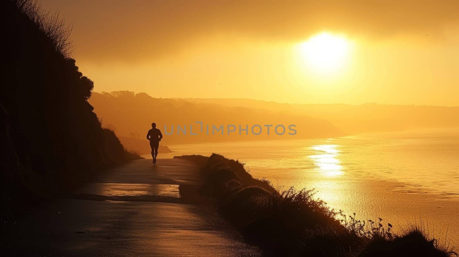 Silhouette of a jogger running along a coastal path with the sunrise over the ocean