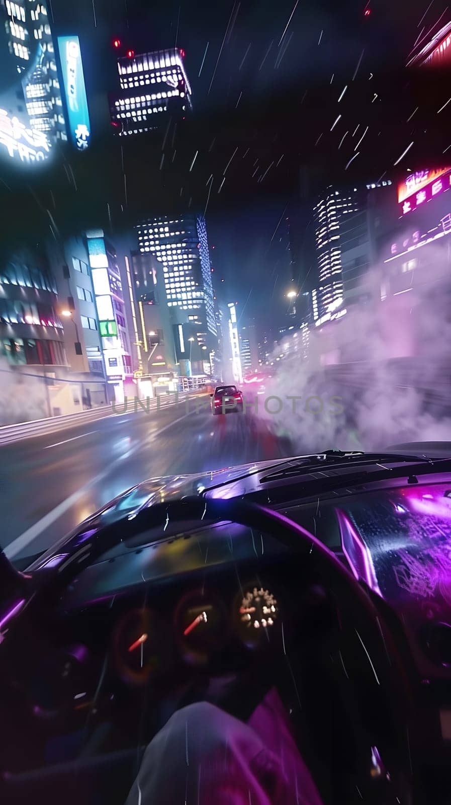 A purple car with stylish automotive exterior and modern technology is driving down a city street at night, illuminating the buildings with its bold headlights