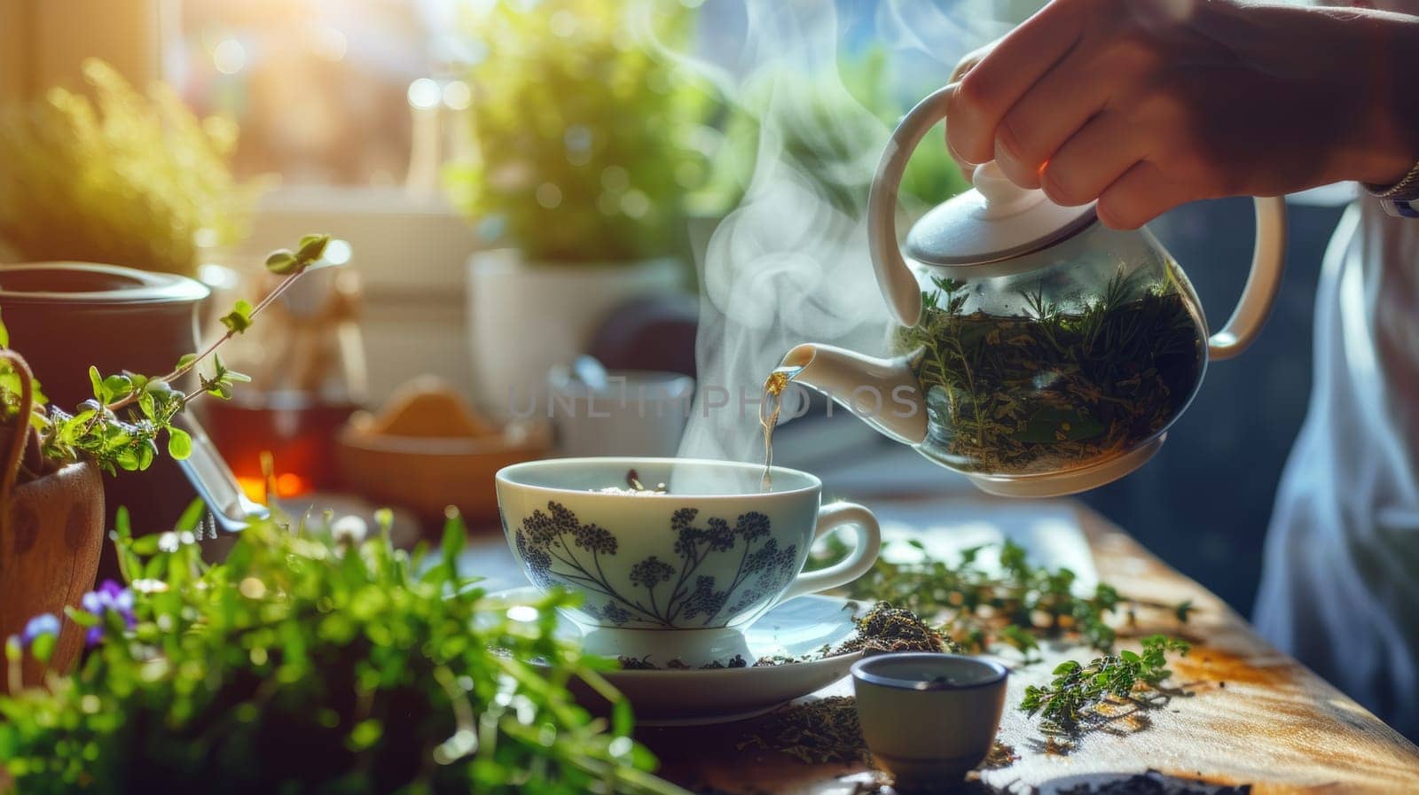 Pouring steaming herbal tea into a cup surrounded by fresh herbs and warm light