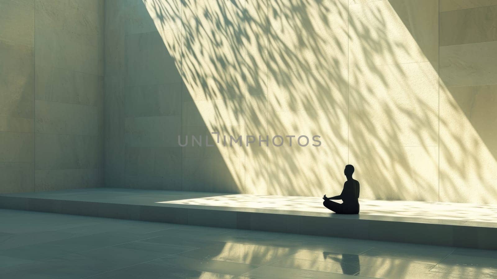 Individual meditating in a minimalist architectural space with shadows cast by the sunlight