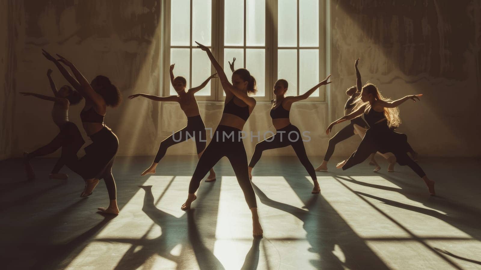 Silhouettes of a dance class performing contemporary moves in a sunlit studio