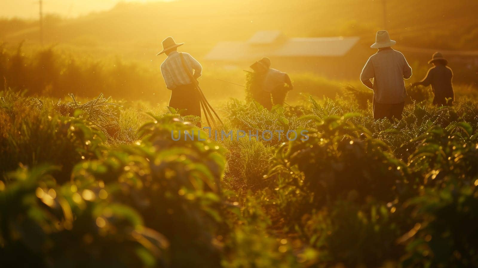 Group of farmers working in the fields during a golden sunset in rural landscape