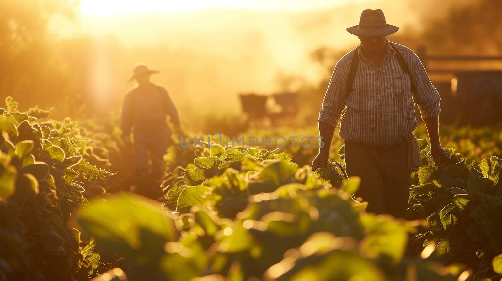 Group of farmers working in the fields during a golden sunset in rural landscape