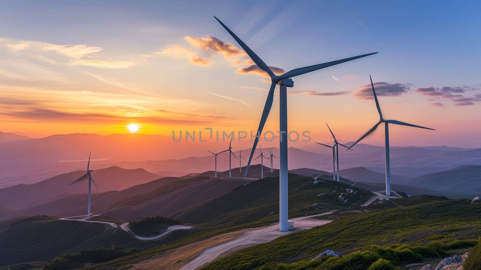 Wind turbines standing tall on a mountain range with a breathtaking sunset in the background