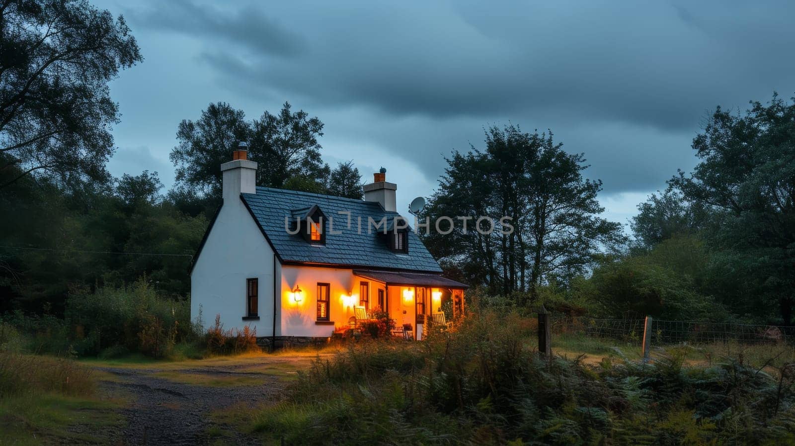 Twilight falls on a cozy, warmly lit countryside house amidst tranquil nature