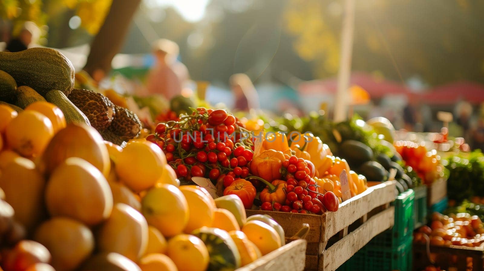 Variety of colorful fresh vegetables displayed at a sunny outdoor market with blurred shoppers in background
