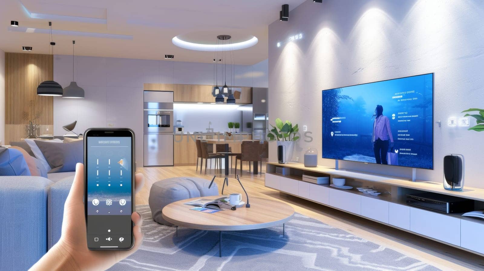 Hand holding a smartphone with a smart home control interface in a well-designed modern living room