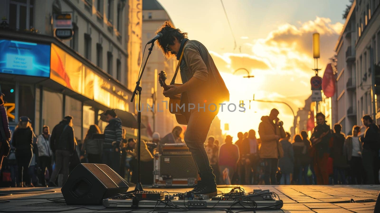 Guitarist performing live on a busy city street at sunset with a crowd of pedestrians in the background