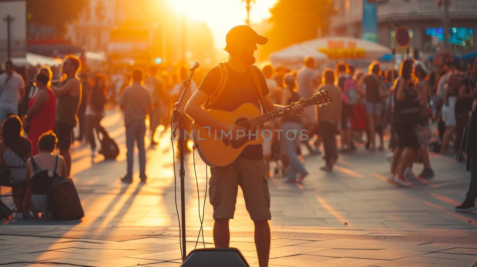 Guitarist performing live on a busy city street at sunset with a crowd of pedestrians in the background