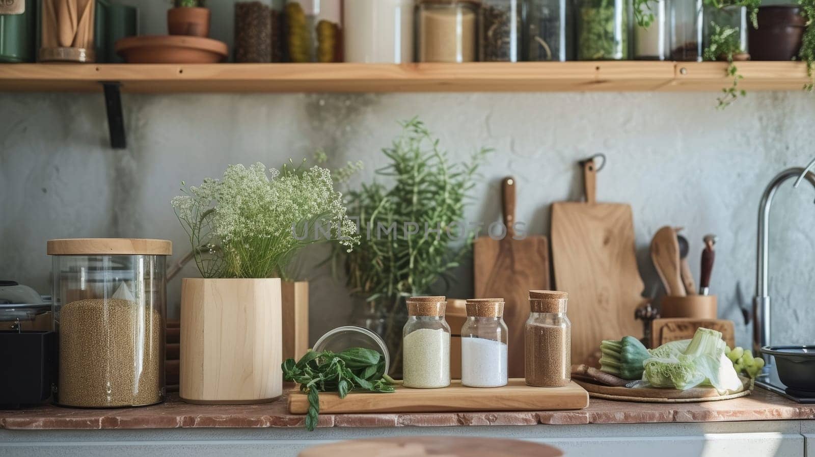 Well-organized kitchen pantry with a variety of natural ingredients and grains in clear jars on wooden countertop