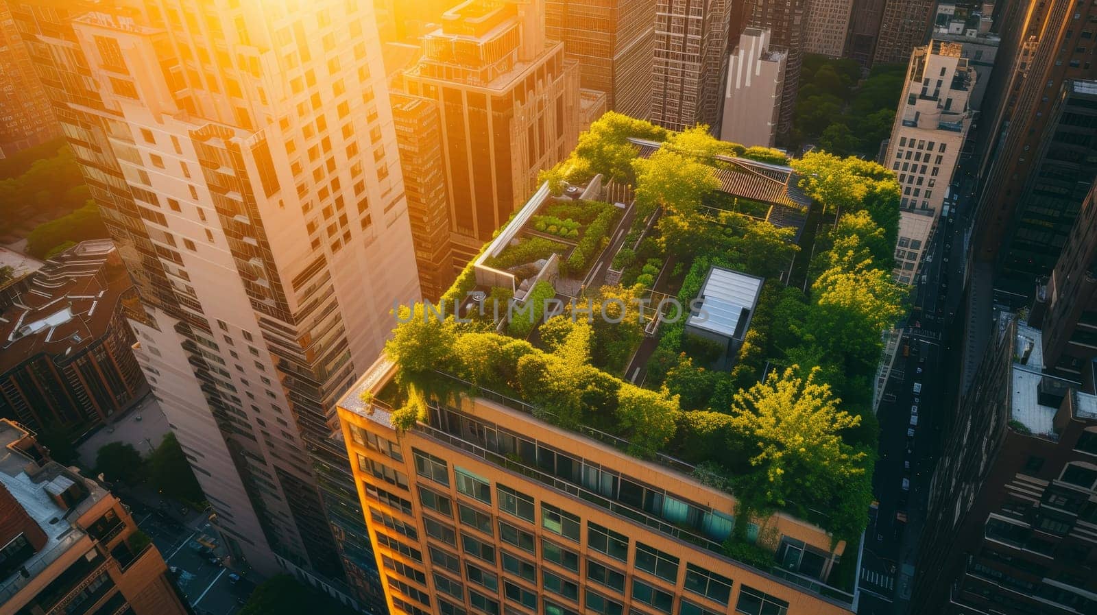 Aerial view of a lush rooftop garden amidst the urban skyline with the warm light of sunset