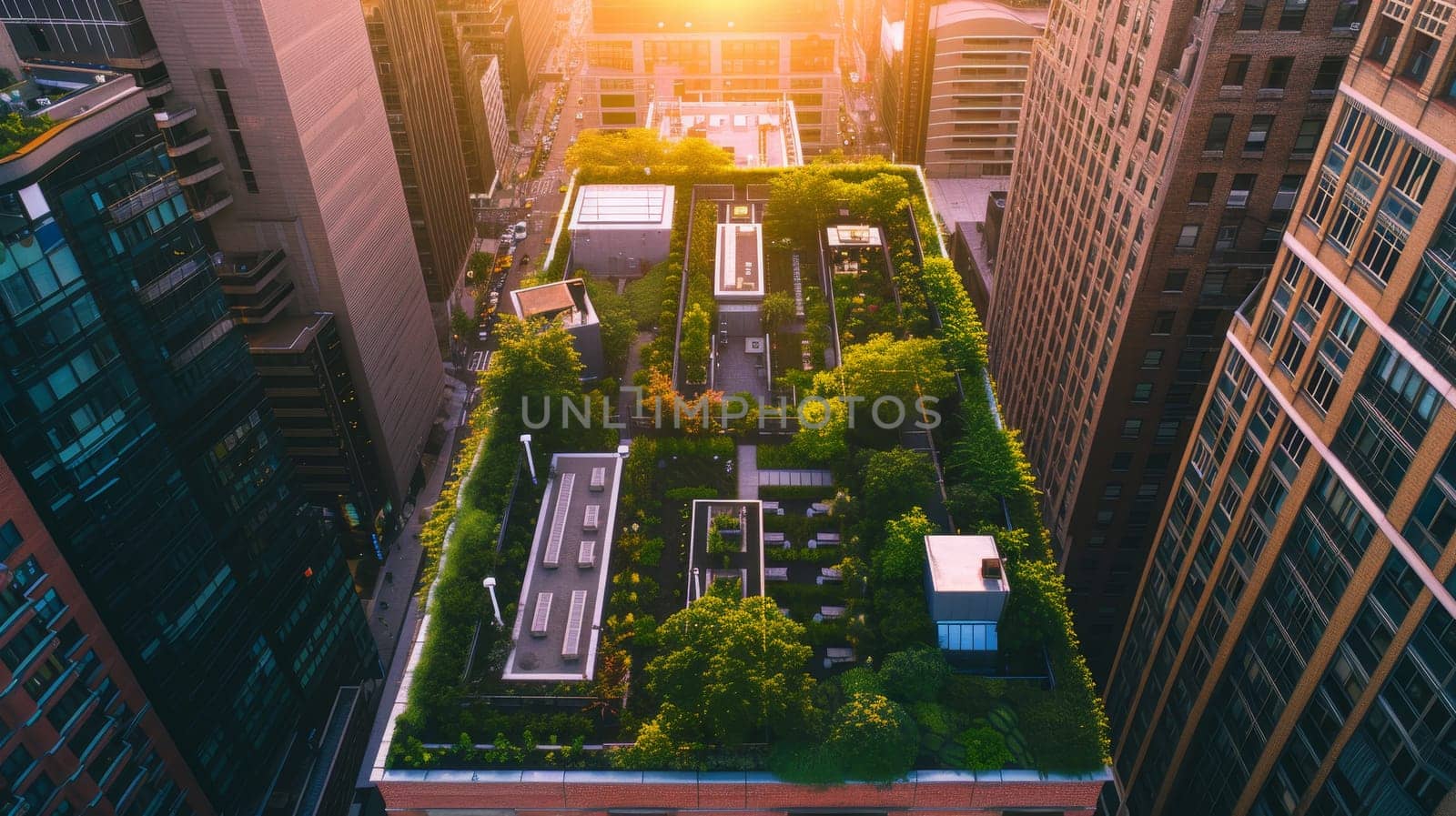 Aerial view of a lush rooftop garden amidst the urban skyline with the warm light of sunset