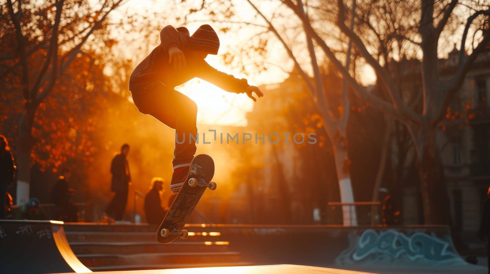 Skateboarder caught mid-trick at a skatepark during a golden sunset with onlookers in the soft-focus background