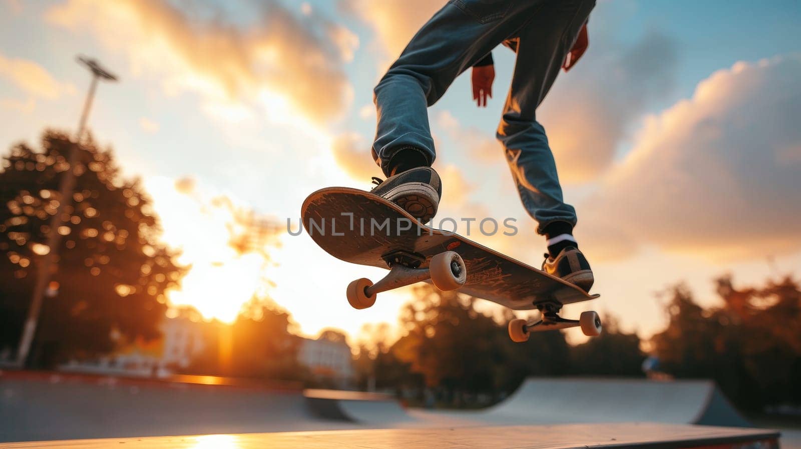Skateboarder performing a trick on a ramp against a beautiful sunset backdrop in a skate park