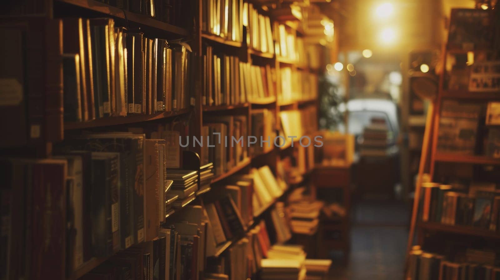 Warmly lit aisle of a cozy bookstore with shelves filled with an array of books, inviting a quiet exploration