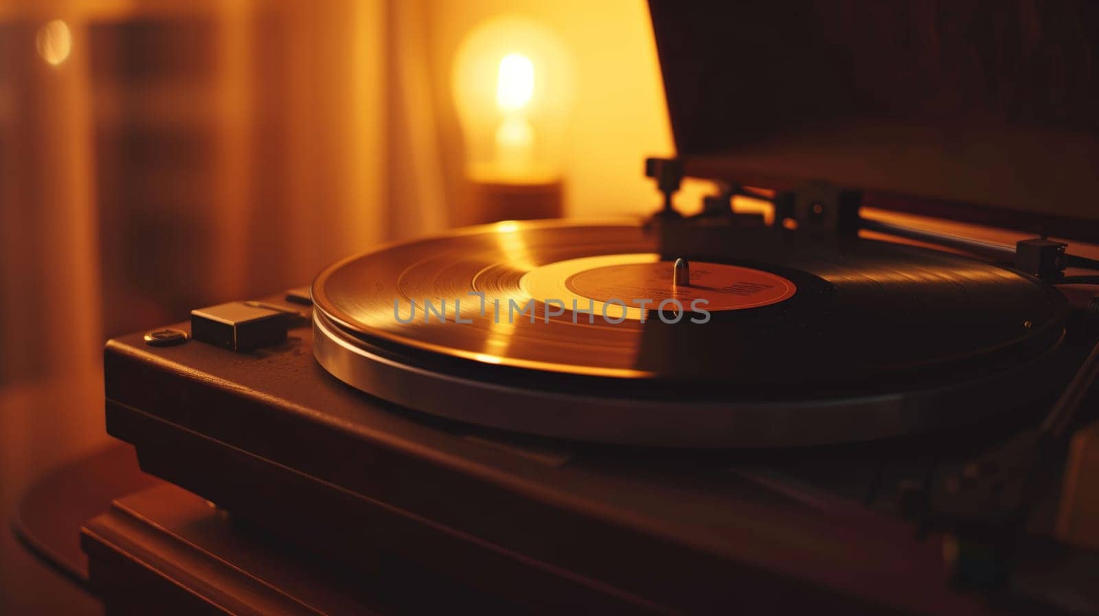 Close-up of a vinyl record player, evoking a nostalgic and warm atmosphere