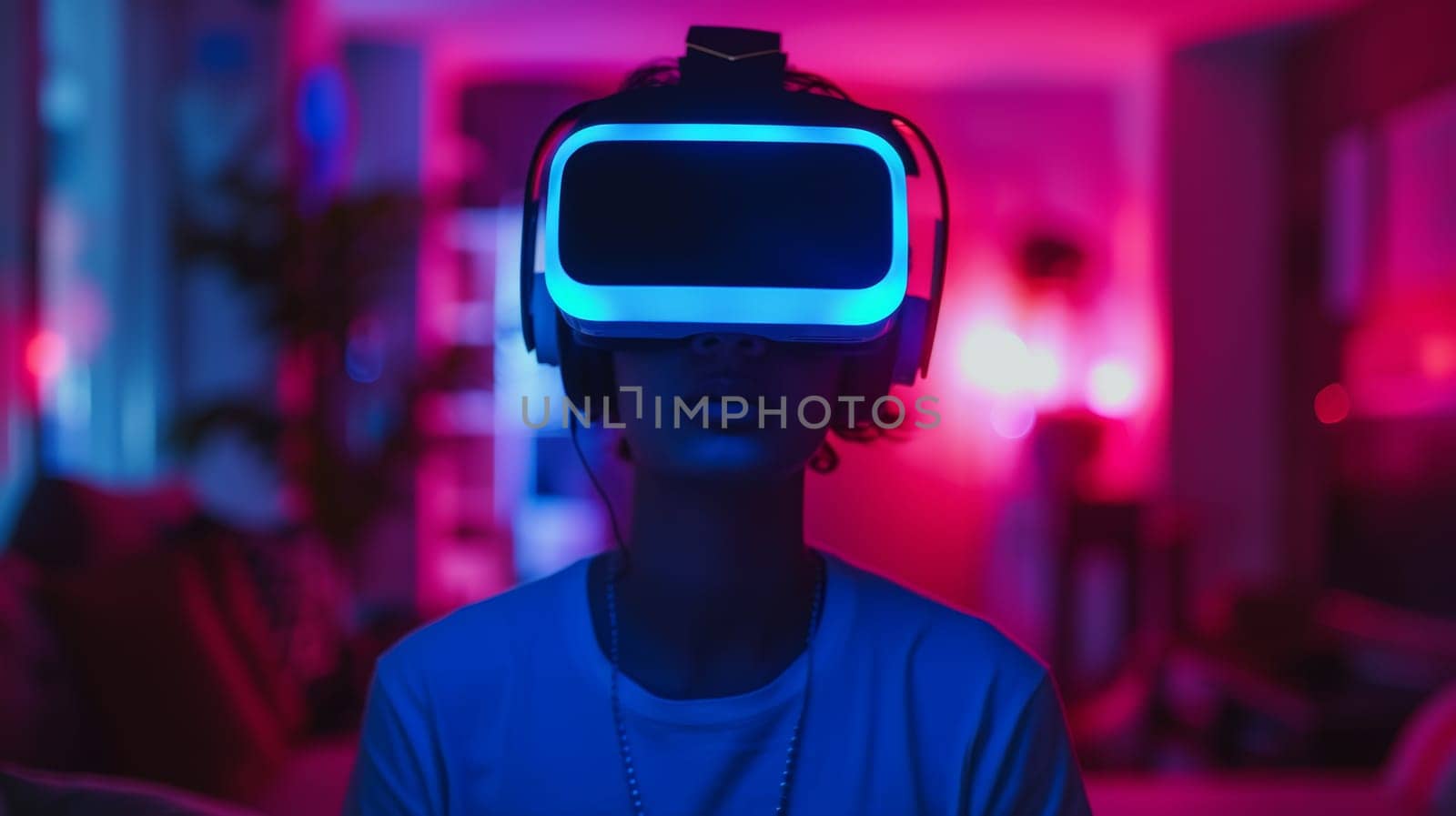 Individual with a VR headset immersed in a virtual experience with vivid blue and red ambient lighting