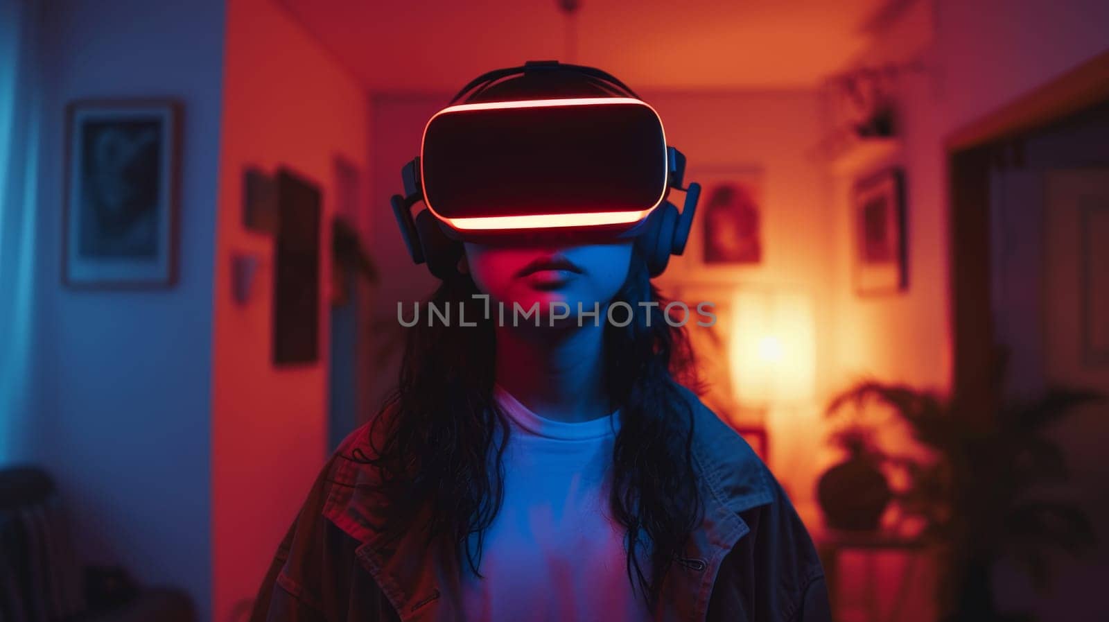 Individual with a VR headset immersed in a virtual experience with vivid blue and red ambient lighting