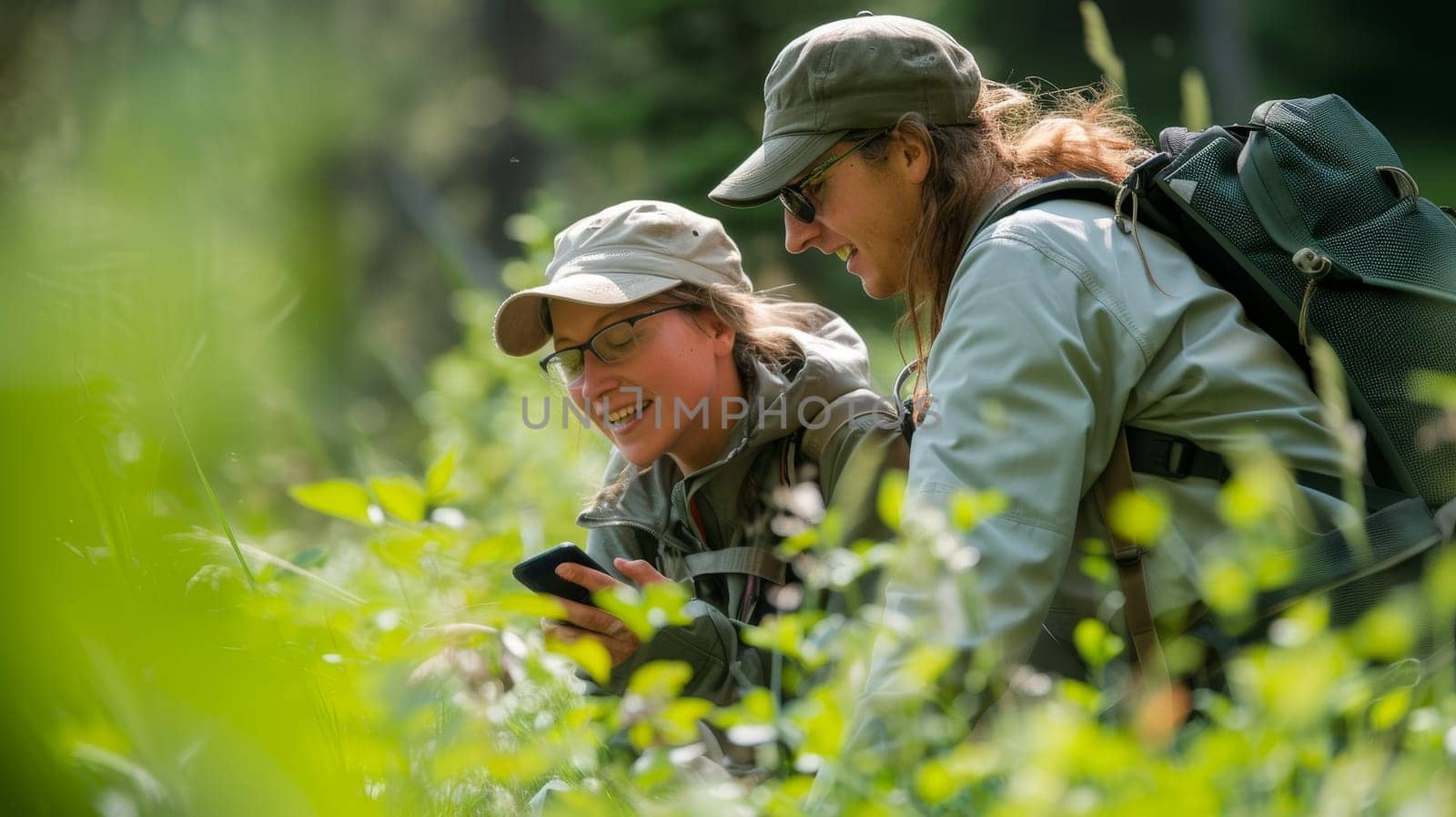 Two nature explorers smiling while using a smartphone to study flora in a lush green forest. by sfinks