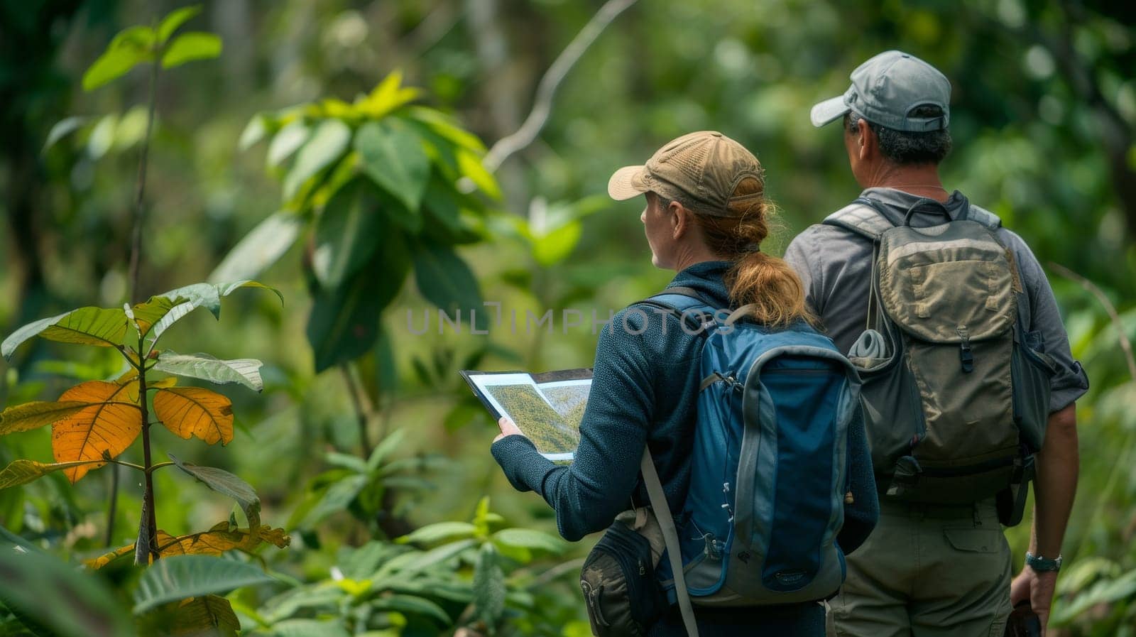 Two ecologists with backpacks examining and discussing vegetation in a dense tropical forest