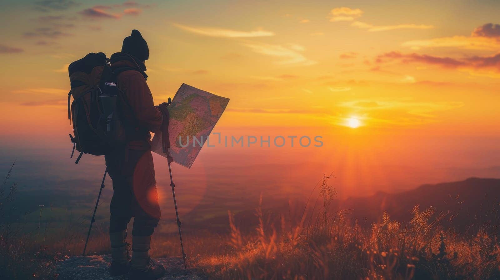 Lone hiker with backpack standing on a mountain peak at sunset, holding a map and looking into the distance