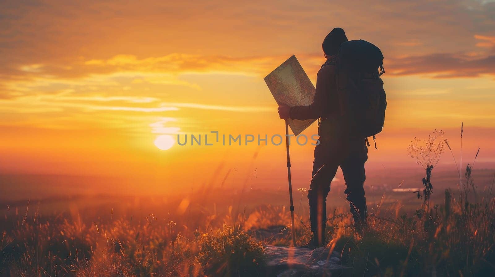 Lone hiker with backpack standing on a mountain peak at sunset, holding a map and looking into the distance