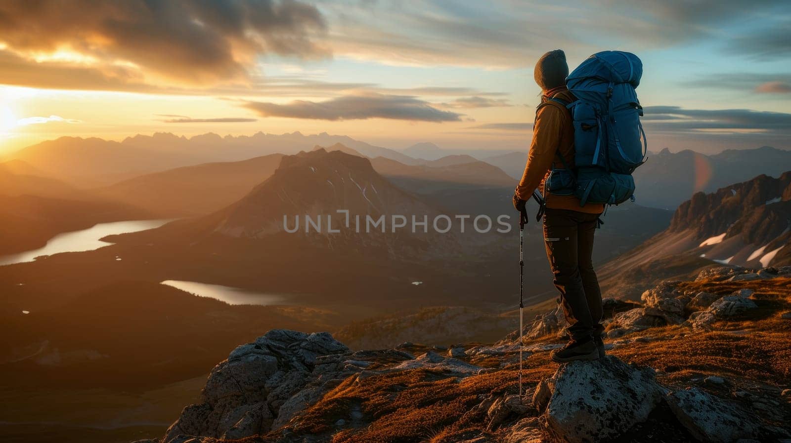 Hiker with a large backpack standing on a rocky peak, enjoying the breathtaking mountainous landscape at dusk
