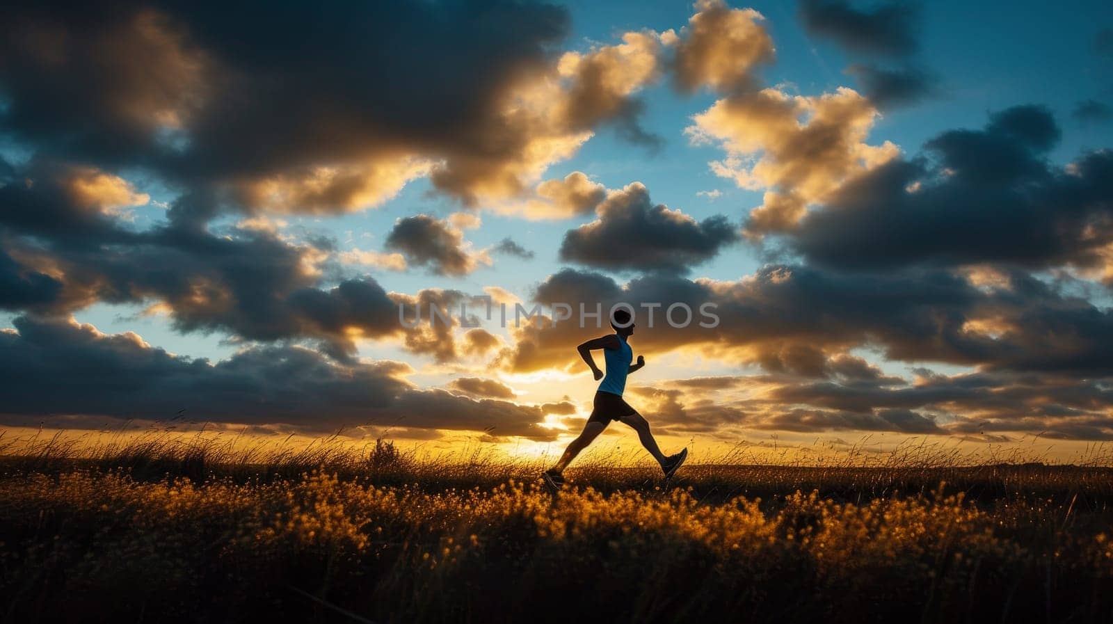 Silhouette of a runner amidst wildflowers against a dramatic sunset sky