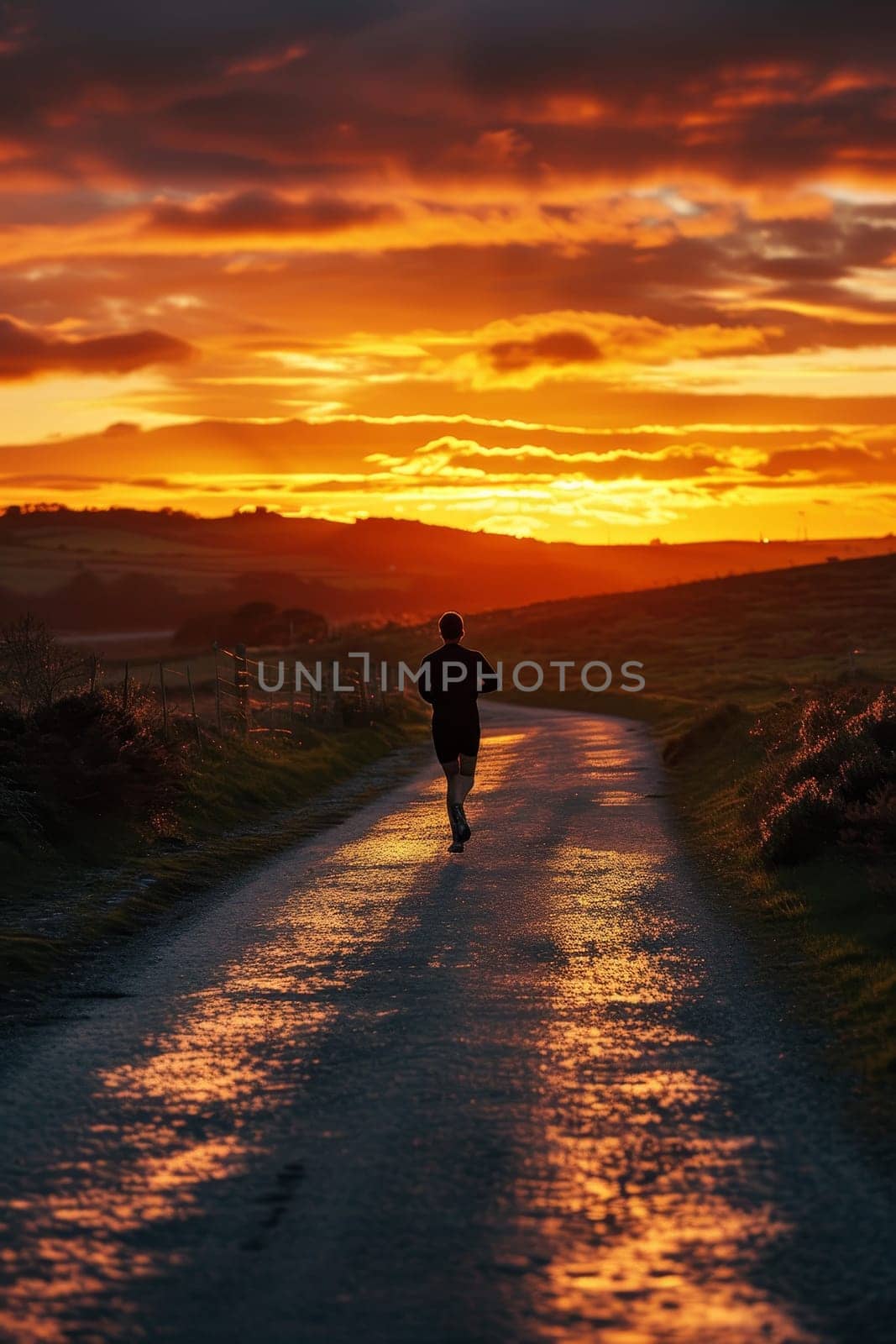 Runner on a coastal path with a vibrant sunset over the sea horizon