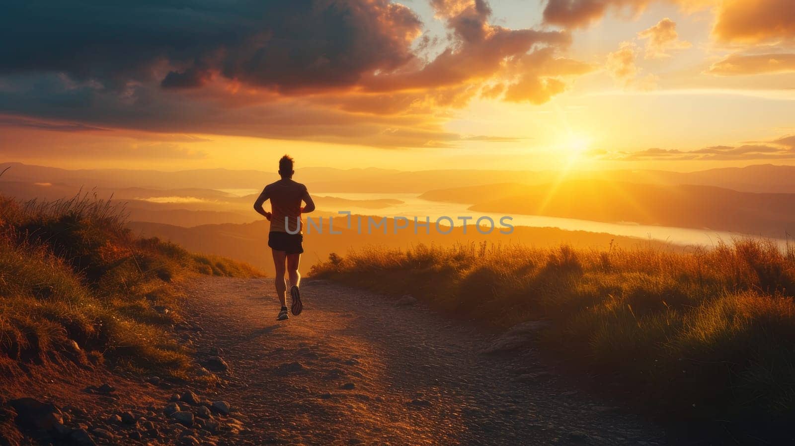 Runner on a coastal path with a vibrant sunset over the sea horizon