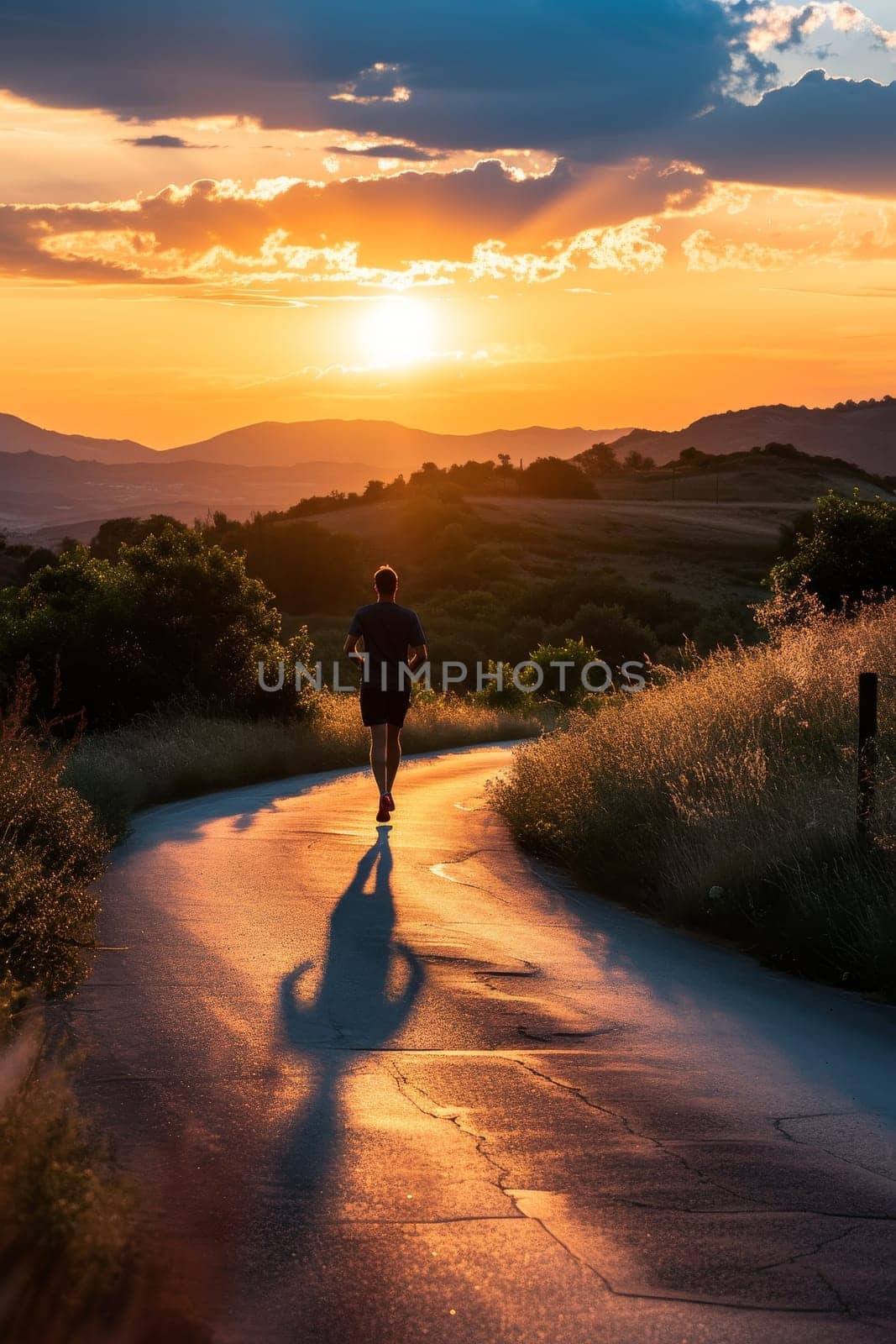 Backlit silhouette of a runner on a path during a breathtaking sunset