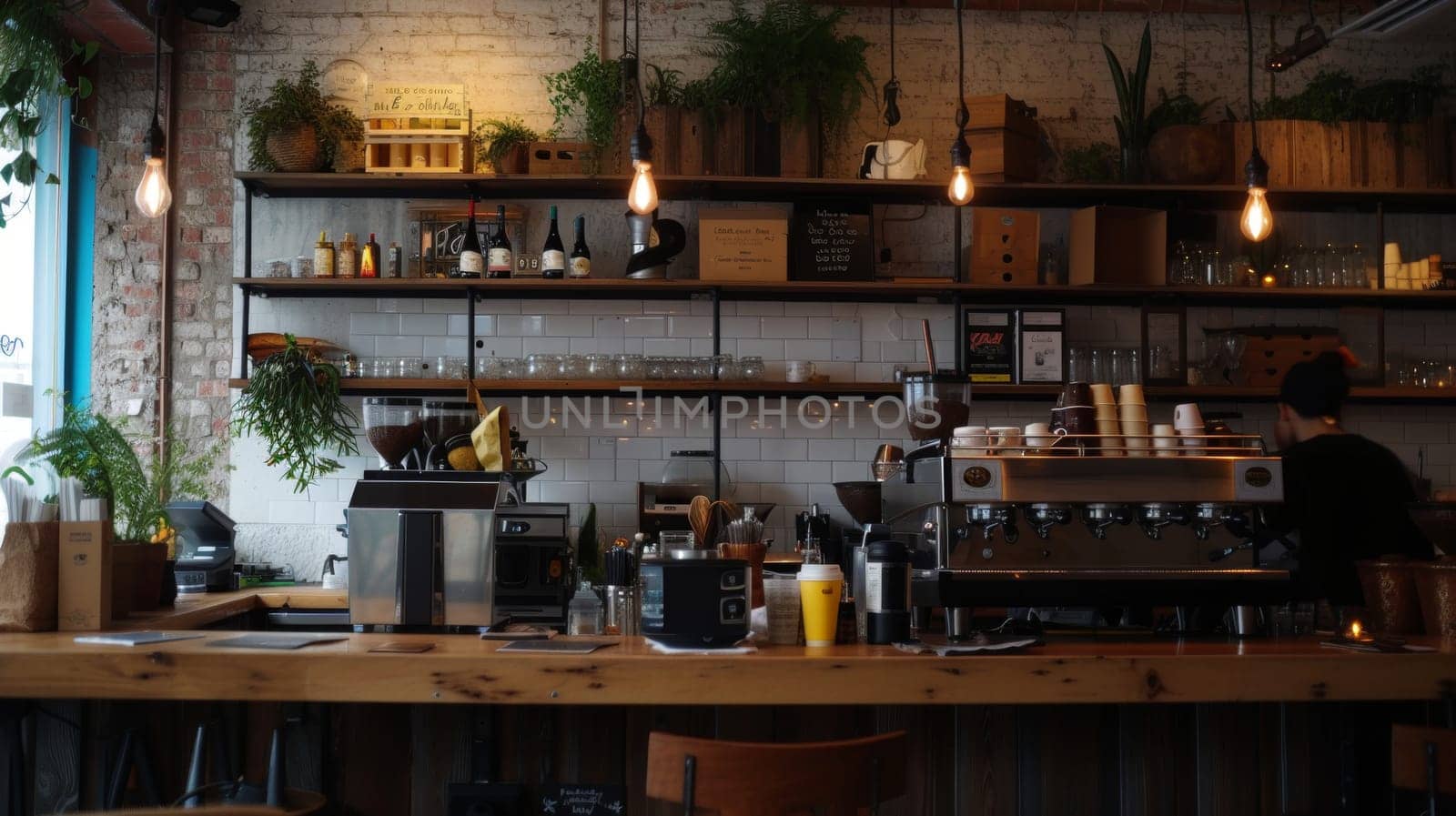 Warm and inviting interior of a rustic coffee shop with natural light