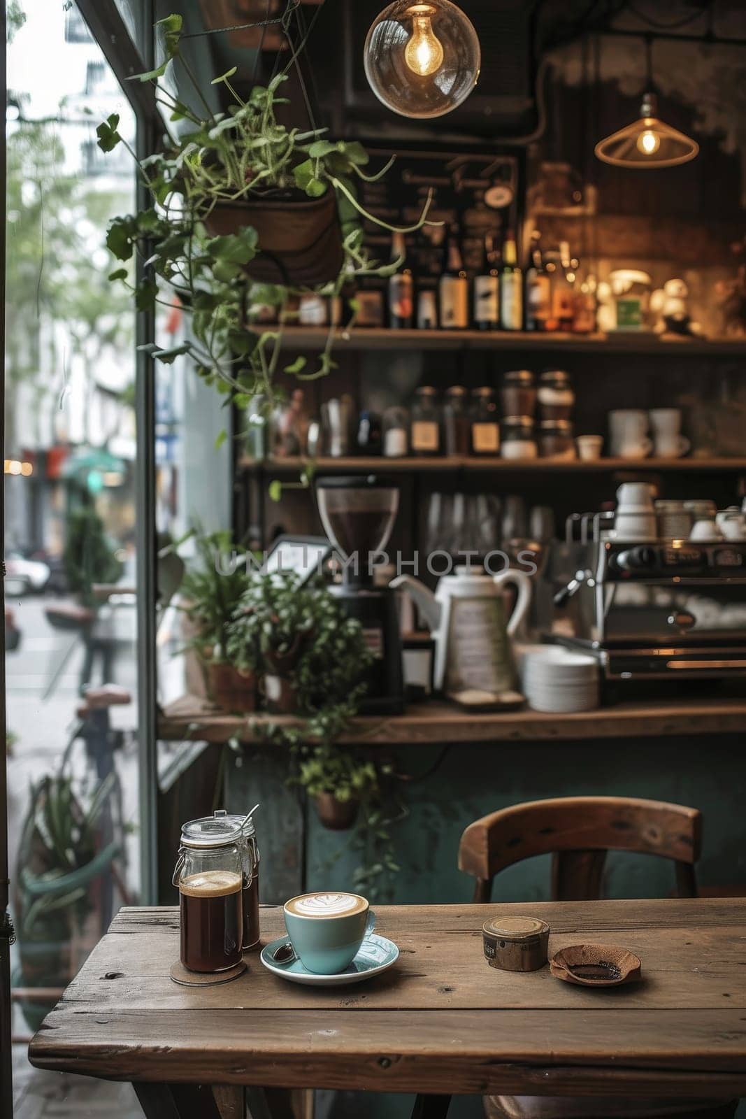 Warm and inviting interior of a rustic coffee shop with natural light