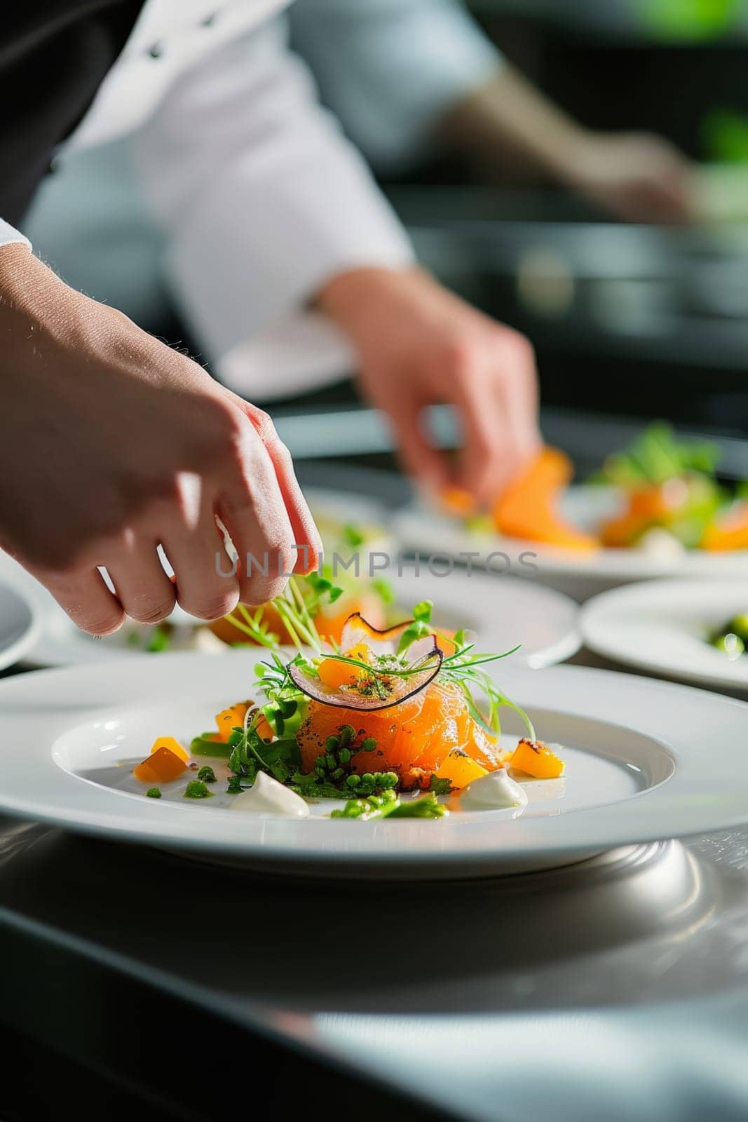 Chef delicately garnishing a gourmet dish in a professional kitchen