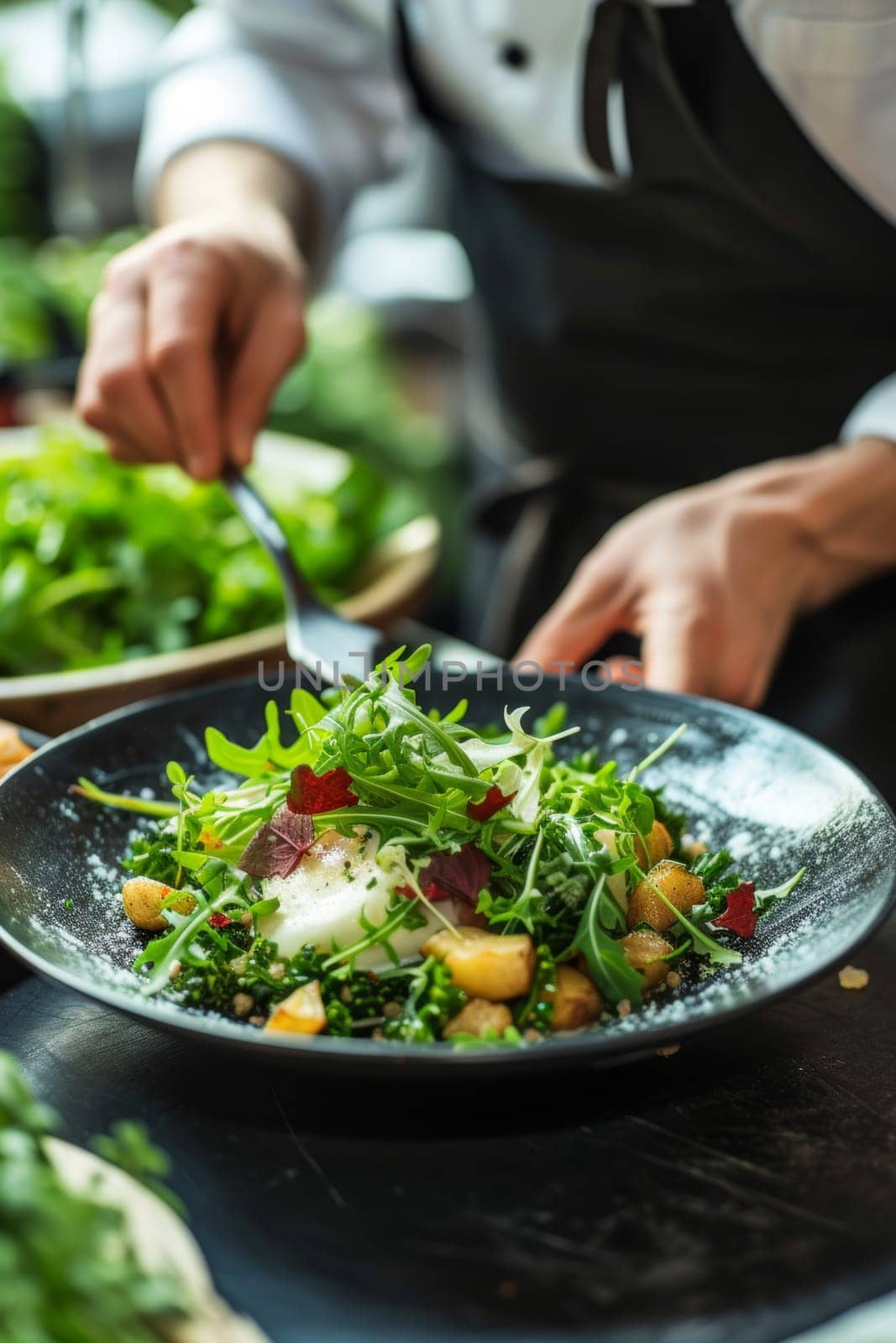 Chef meticulously adding garnish to a colorful gourmet dish in a professional kitchen