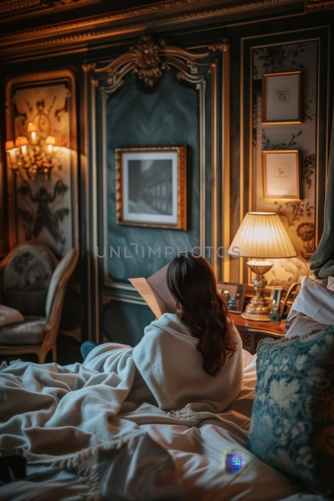 Individual wrapped in a bathrobe, immersed in reading a book in a luxurious bedroom with vintage decor