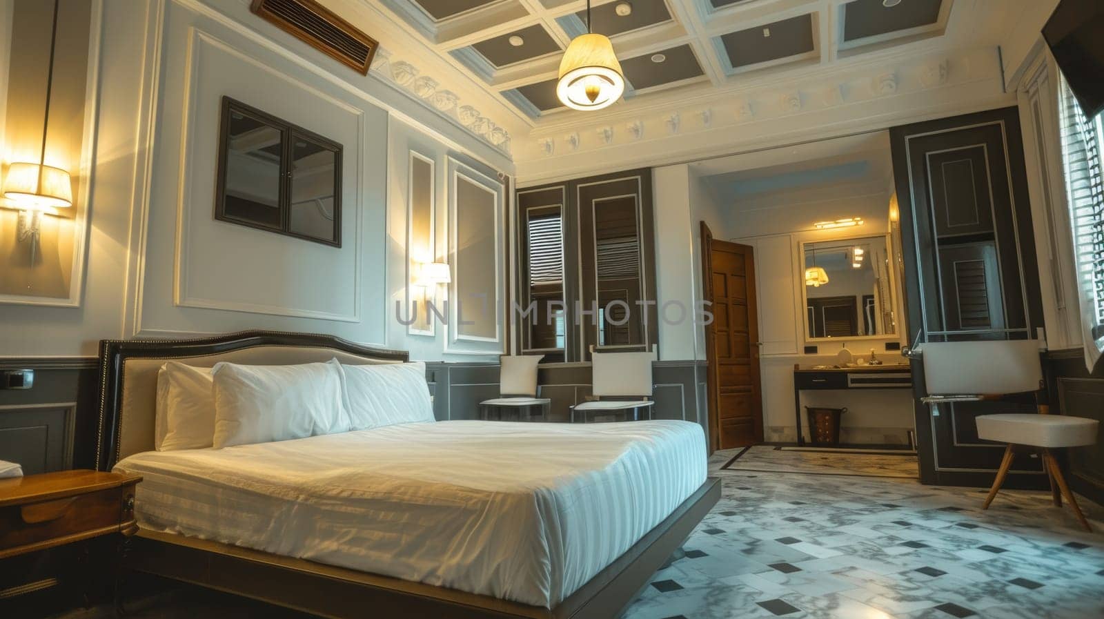 Spacious bedroom with neoclassical design elements, illuminated by soft lighting, showcasing comfort and style