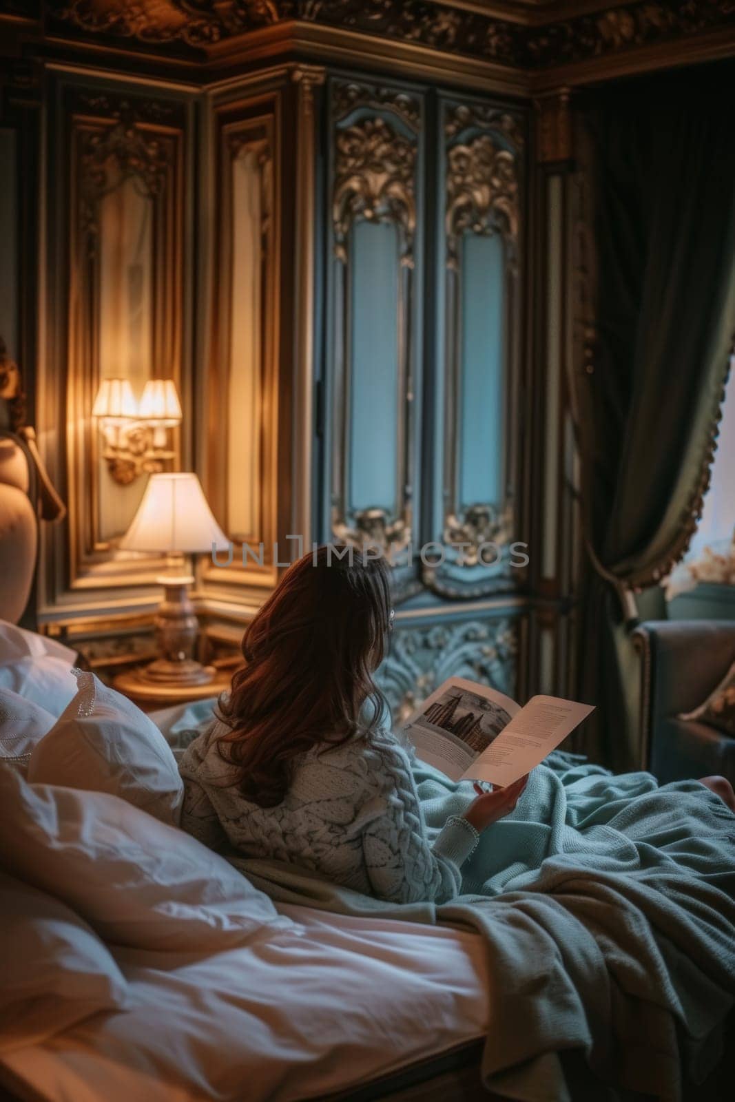 Individual wrapped in a bathrobe, immersed in reading a book in a luxurious bedroom with vintage decor