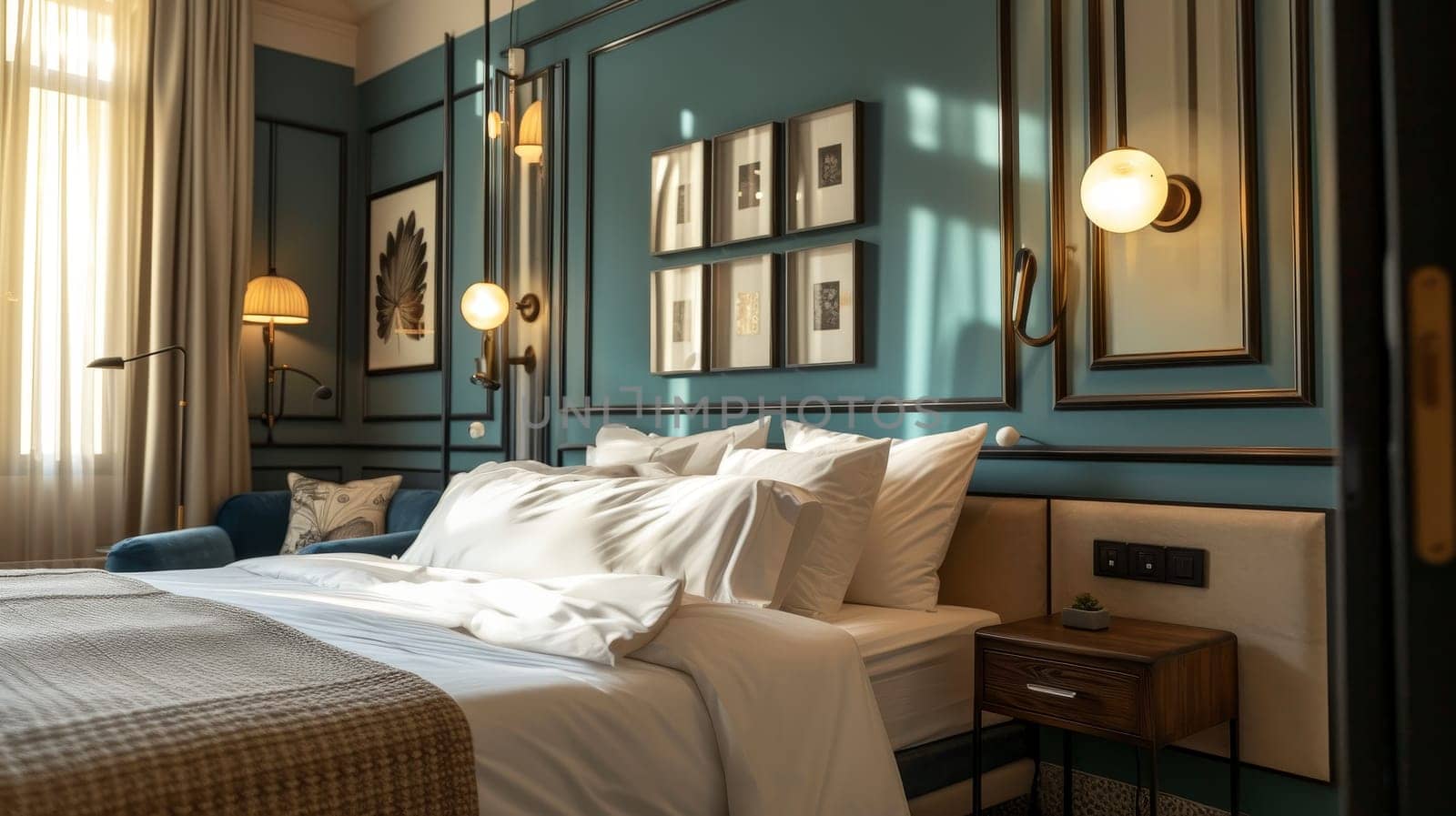 Spacious bedroom with neoclassical design elements, illuminated by soft lighting, showcasing comfort and style