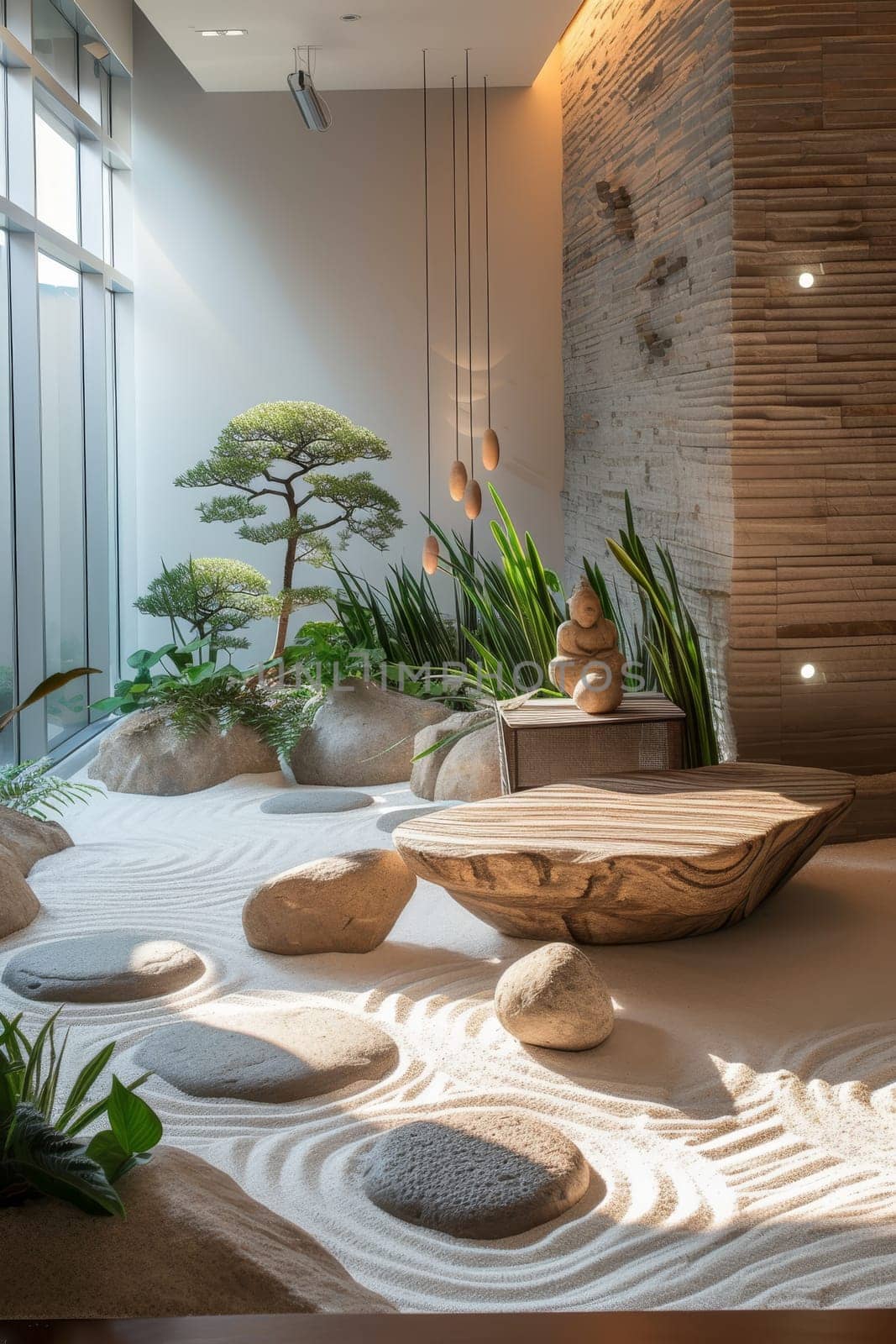 Tranquil interior Zen garden with bonsai tree, smooth stones, sand patterns, and warm lighting, symbolizing peace and mindfulness