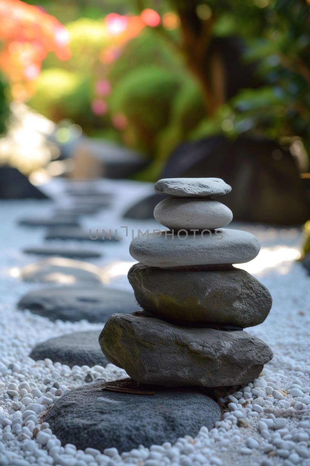 Zen stone pathway leading through a white pebbled garden adorned with vibrant pink flowers and lush foliage